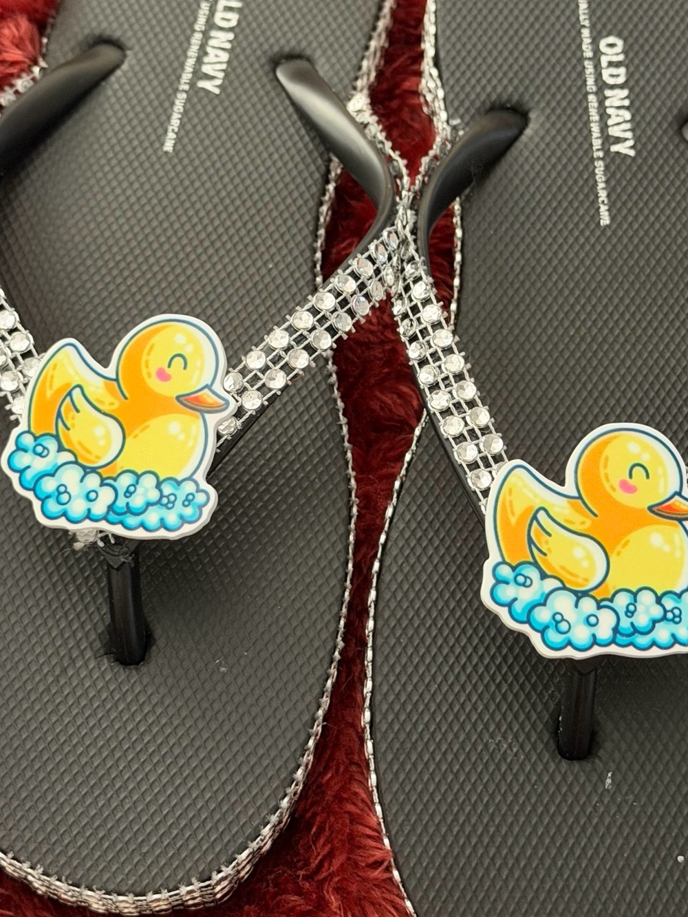 Black Flip Flops with Yellow Duck Charm and Rhinestone Straps